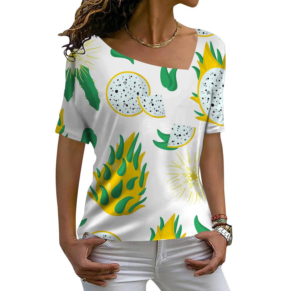 V-Ausschnitt Diagonalkragen Damen Kurzarm Mode Lässig Locker Pullover T-Shirts Sommer 3D Floral Bedrucktes T-Shirt Für Damen