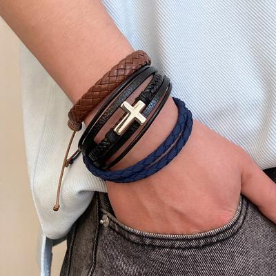 Retro Leather Bracelet For Men Stainless Steel Cross Pendant Double-Layer Hand-Woven Hip-Hop Punk Fashion Jewelry Wholesale