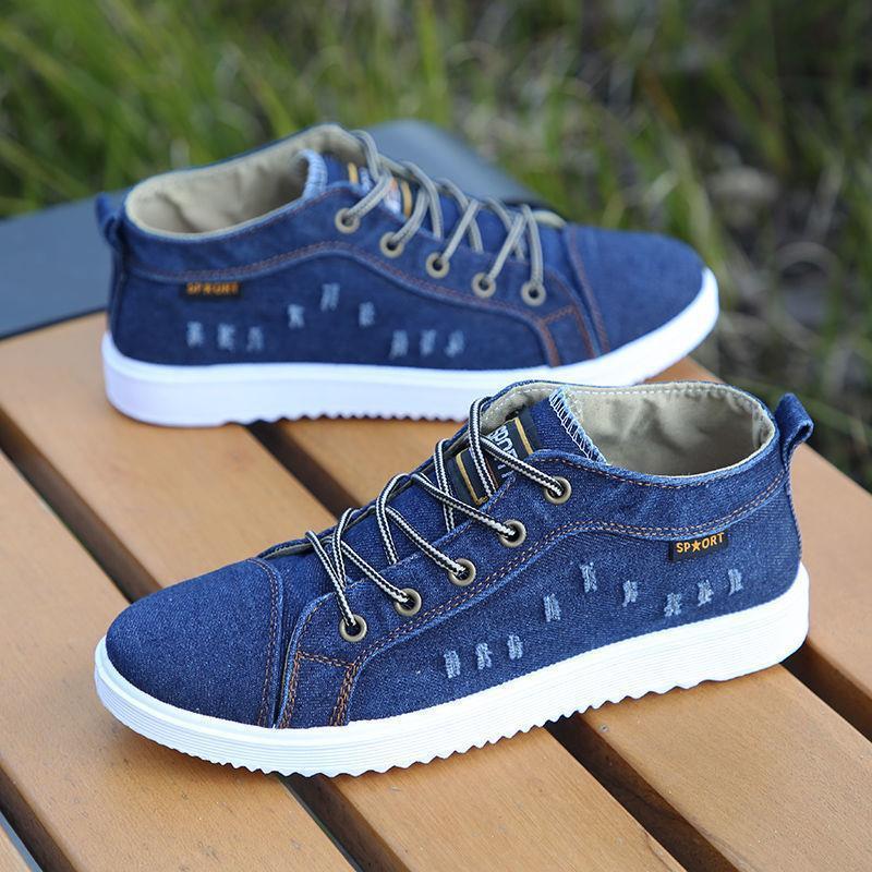 Zapatos Casuales para Hombre Estilo Británico Zapatillas de Lona Denim Botines de Caña Alta Negros para Hombre Calzado Plano Chaussure Homme 2024