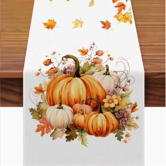 Autumn Leaves Pumpkin Table Runner: Linen Thanksgiving Decoration for Kitchen & Dining