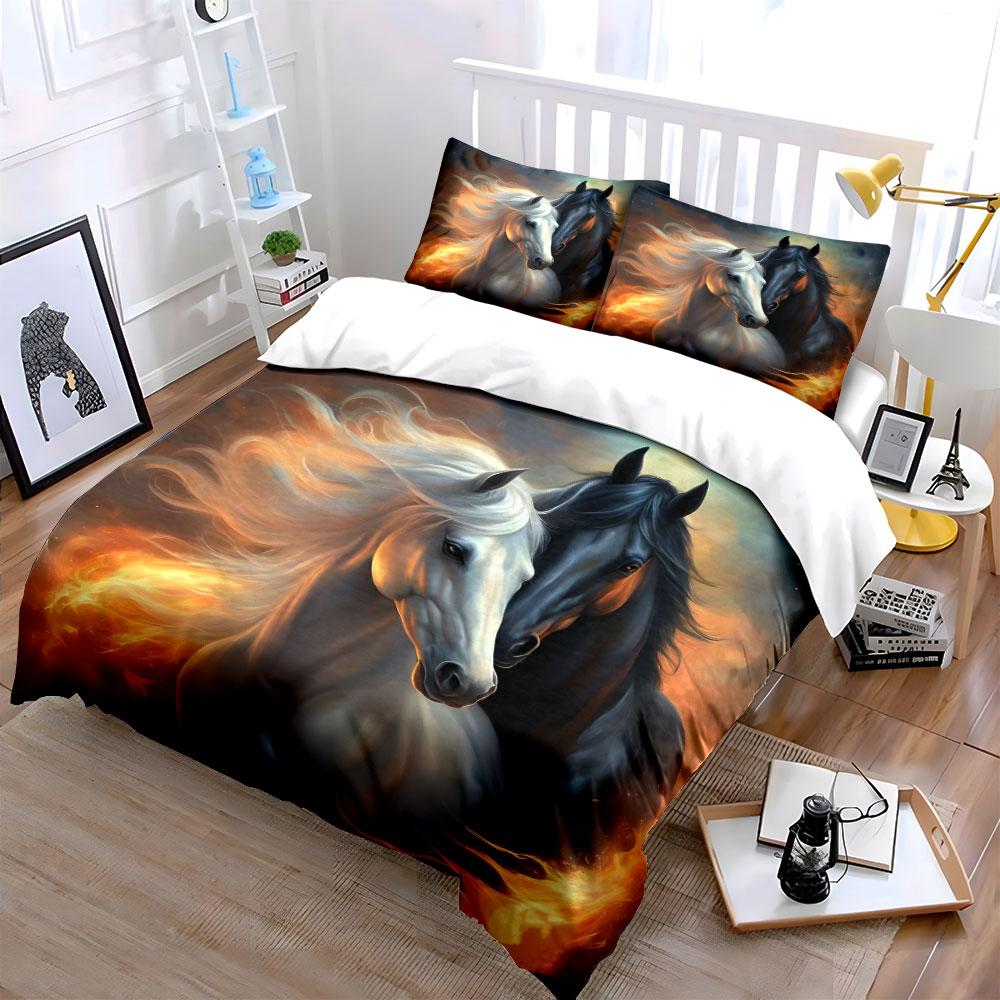 Horses Fiery Art Decor Set Bedding Set with 1 Duvet Cover 2 Pillowcases Single Double King Queen, Gift