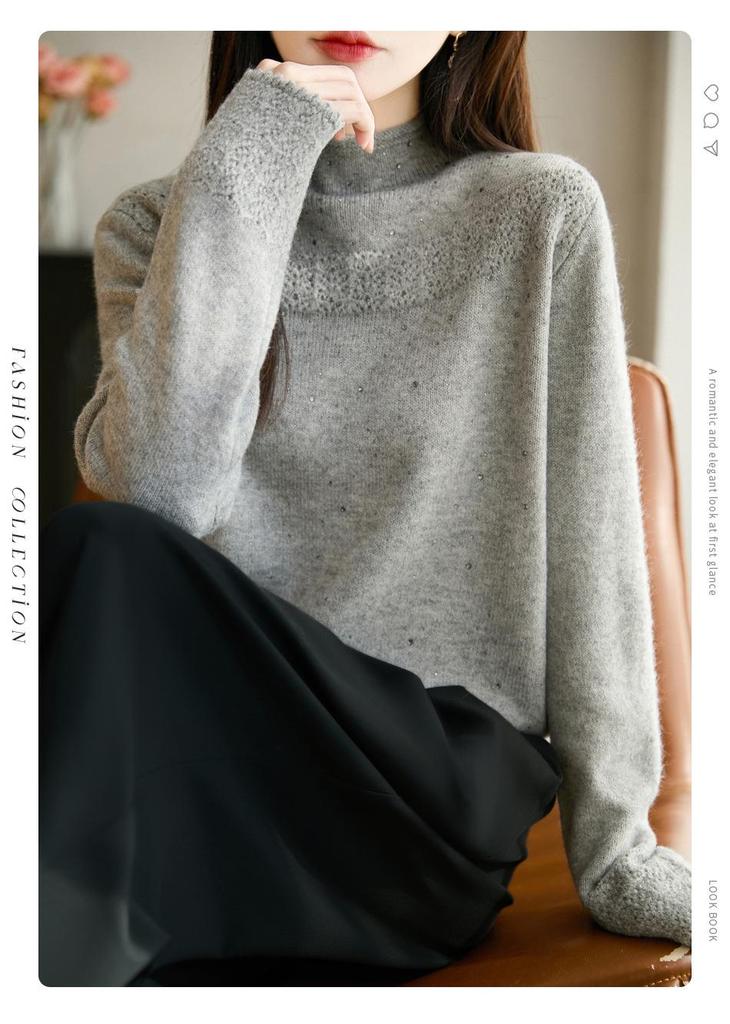 Elegant Rhinestone Embellished Crochet Sweater with Hollow-Out Design - Perfect for Autumn/Winter