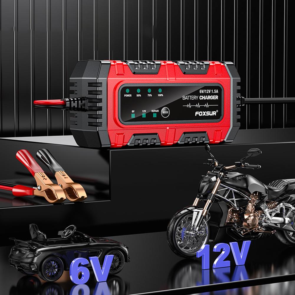 6V 12V 1.5A Electric Motorcycles Charger Smart Charger Car and Motorcycle Battery Charging Unit for Lead-Acid AGM GEL Batteries