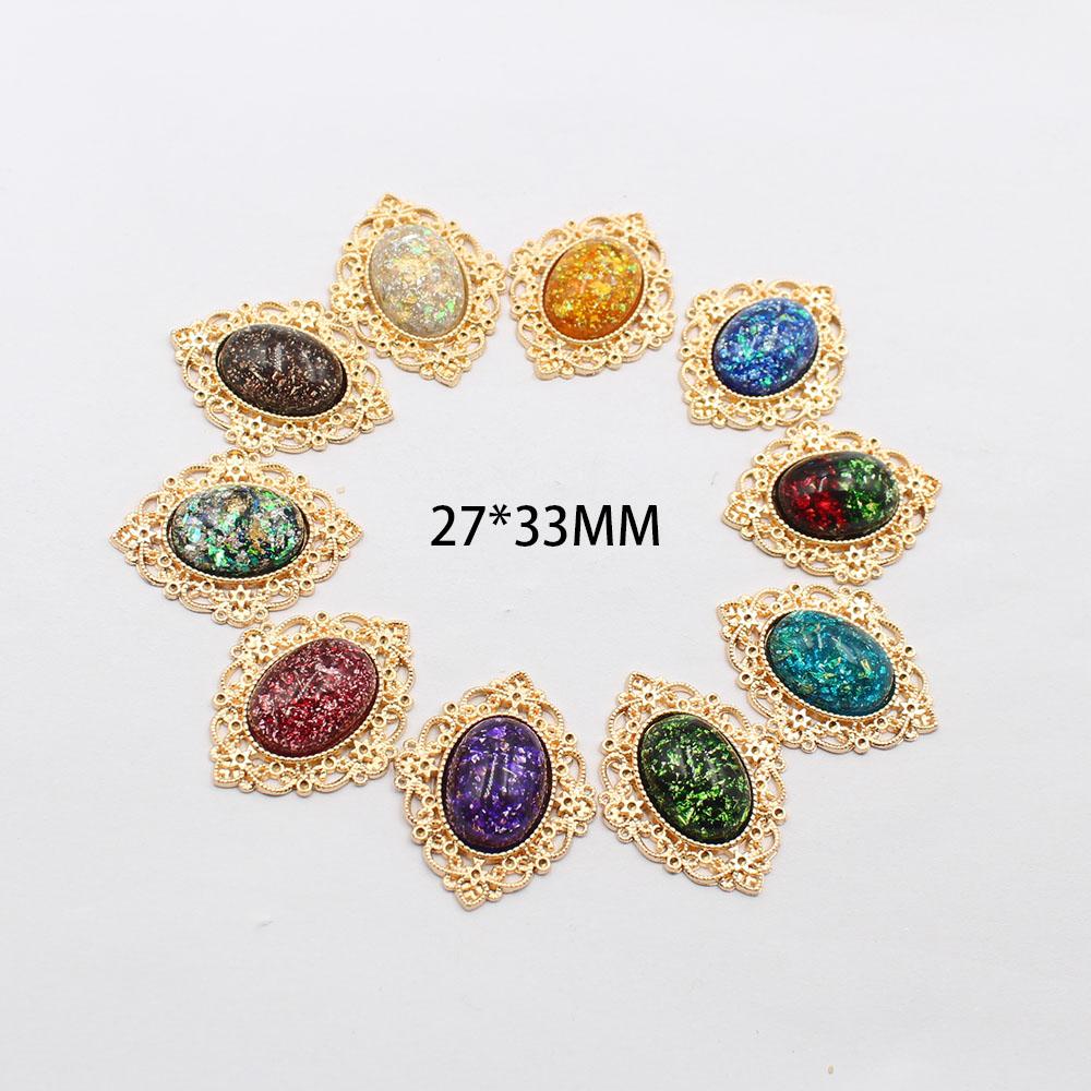 Gold 10 piece set 27 * 33mm flat back oval glitter resin flower plate DIY clothing hair accessories bow flower accessories