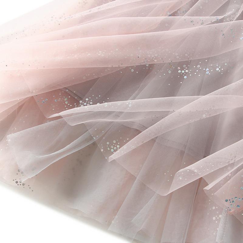 Qooth Women Shiny Fairy Tulle Gauze Skirt Elegant Sweet Elastic Waist Midi Mesh Skirt Ankle Length QT2201