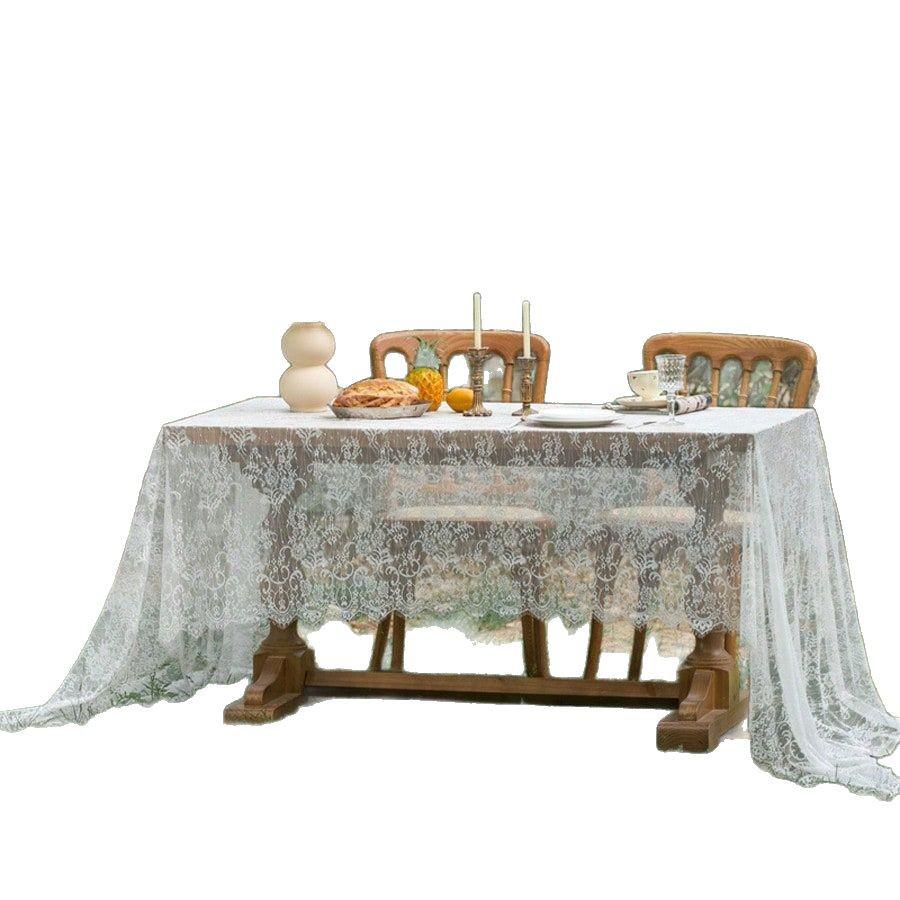 Elegante Mantel Rectangular de Encaje Francés Blanco para Comidas Festivas y Fotografía