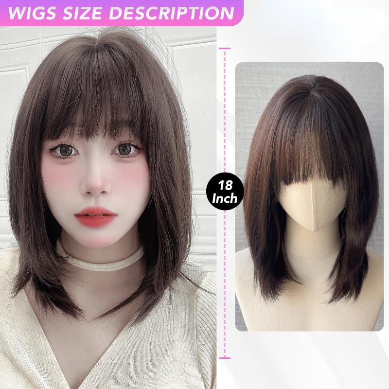 Brown Curly Wave Wigs Air Bangs 18 Inch Fiber Synthetic Heat-resistant Deep Wave Hair Sweet And Natural Party or Selfie Korean Fashion