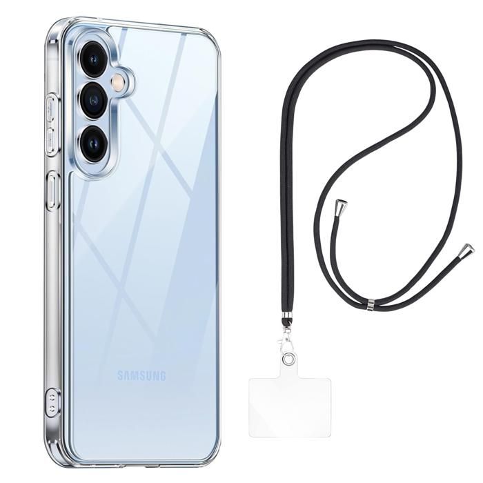 Coque et tour de cou pour Samsung Galaxy S24 FE - TPU Souple Transparent Cordon Noir réglable Phonillico®
