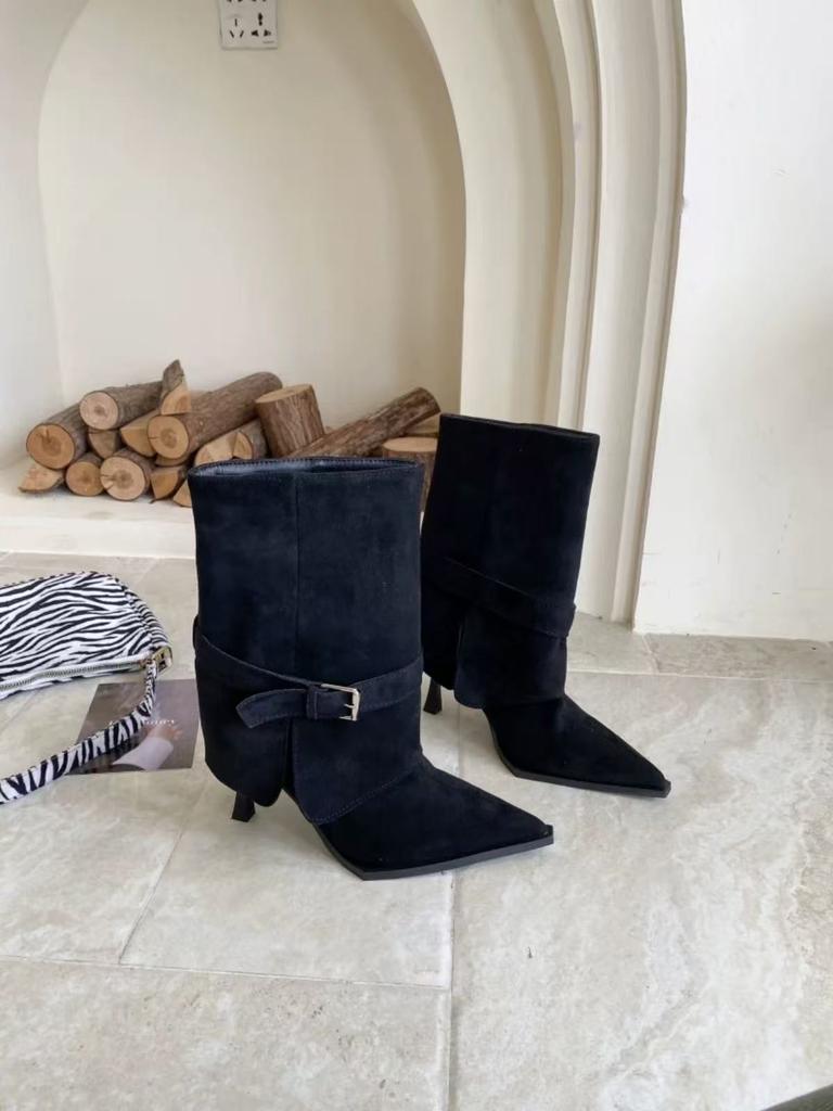 Retro thin heel pointed trousers boots women's autumn and winter belt buckle temperament short boots
