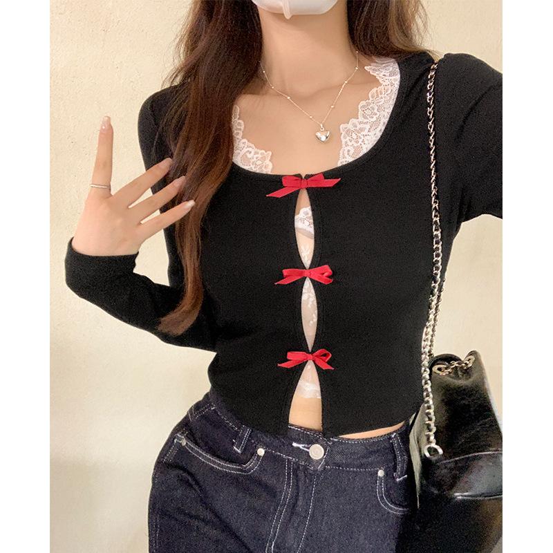 Čistý lust styl U-výstřih dutý mašle měkký voskový svetr s dlouhým rukávem dámský podzimní krajkový vrstvený vestový spodní top