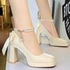 Shoes Pearl Chain Design Women Pumps Bowknot Silks Satins Platform high heels Square head Thick heeled shoes Women heels