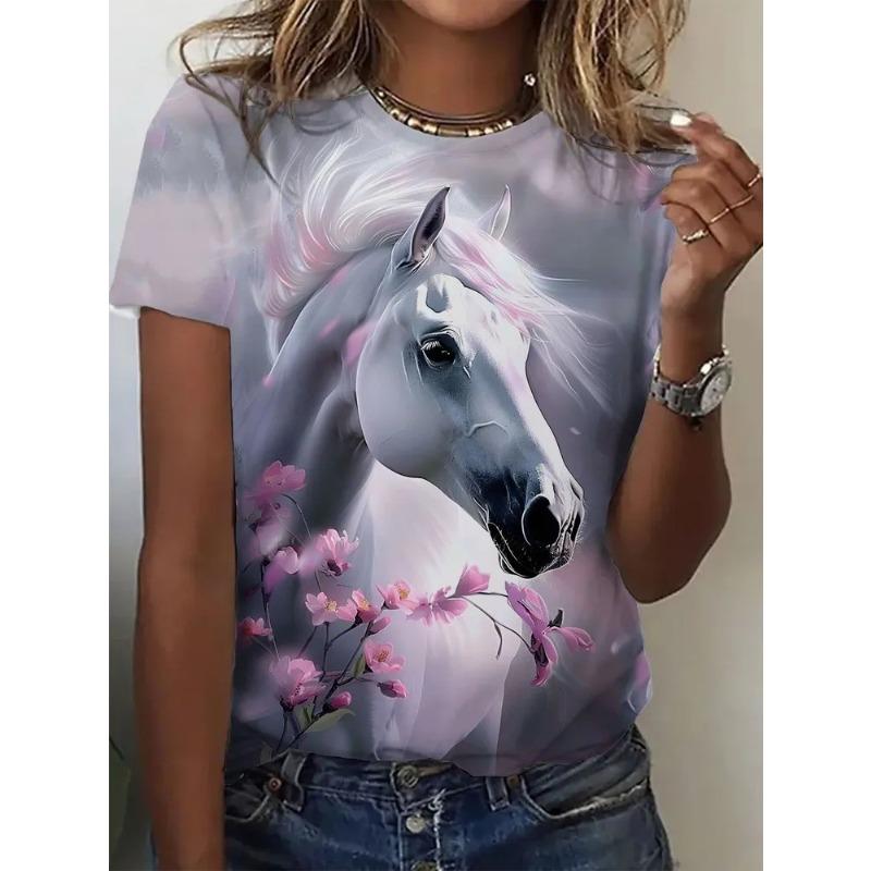 Haut décontracté à manches courtes et col rond avec imprimé animal cheval pour femme