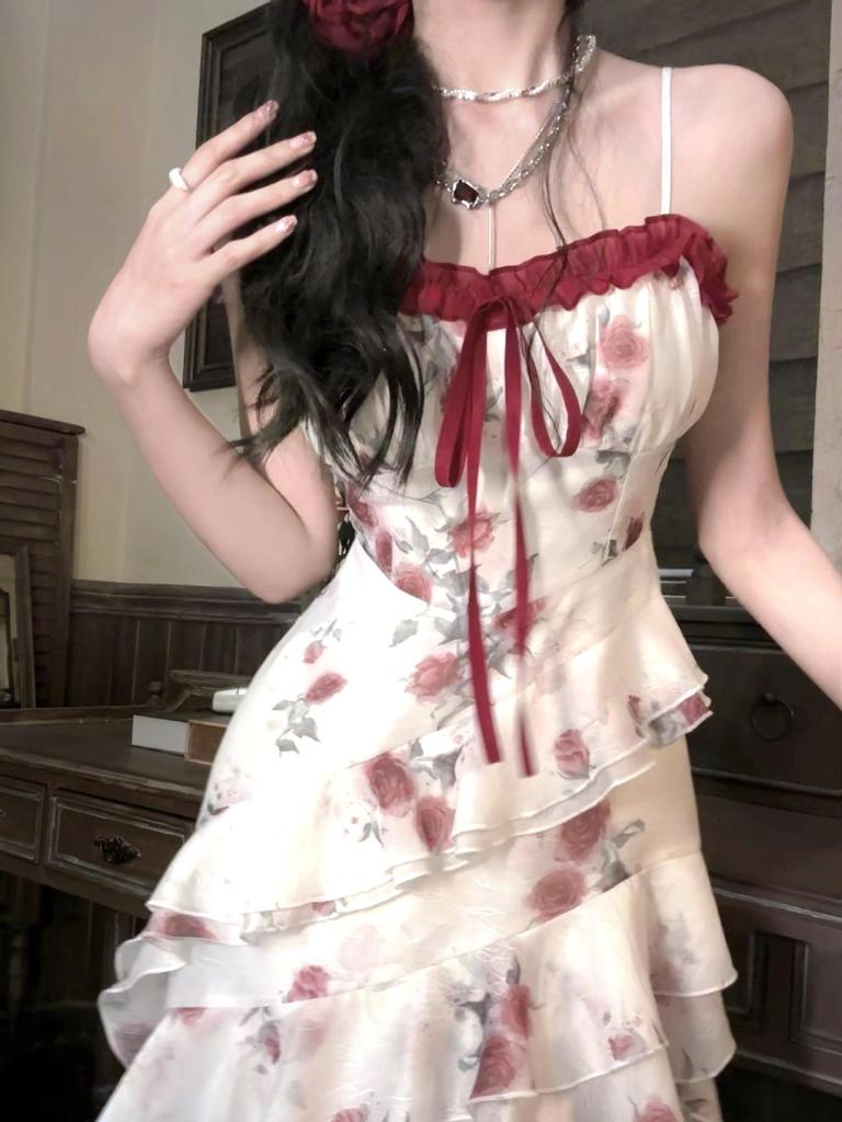 French Ruffle Floral Camisole Dress - Irregular Stunning Seaside Style, Waist-Cinching, Summer Vacation-Ready.