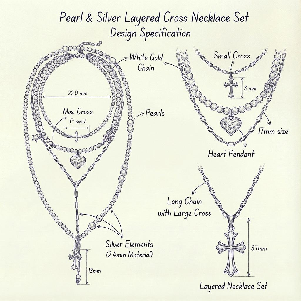 Cross Heart Faux Pearl Multi-layer Necklace - Y2K Style