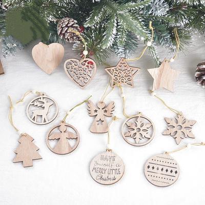 12Pcs Christmas Wooden Hollow Hanging Decoration Christmas Snowflake Elk Pentagram Hanging Decor Home Holiday Christmas Decor