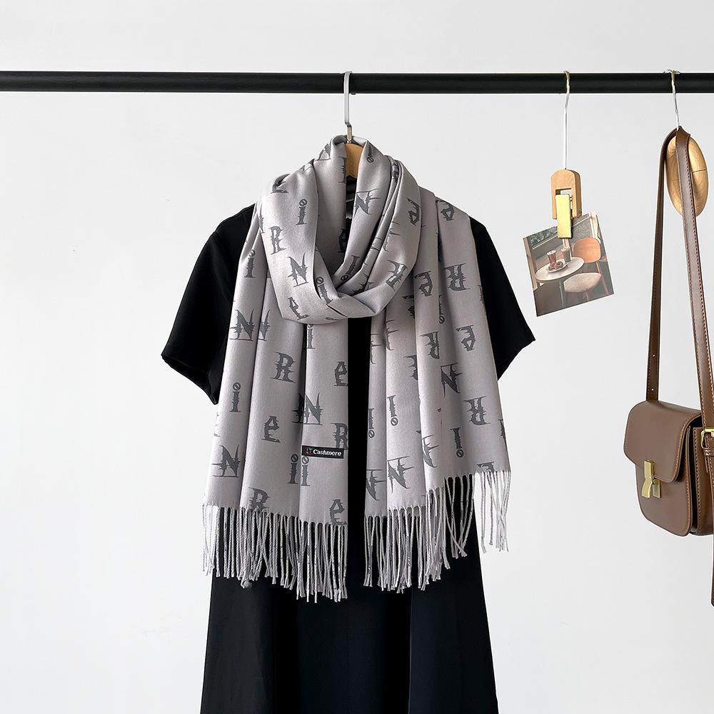 New digital printing imitation cashmere scarf women's letter printing tassel warm extended coffee shawl