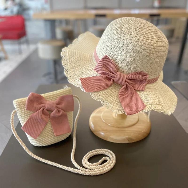 Kinderhut für Mädchen 2-7 Jahre Stroh Kinder Sonnenschutzkappe Tasche Sommer Baby Reise Sonnenschutz Strandhut Sonnen Fischerhut Modischer Stil