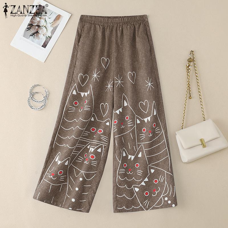 ZANZEA Women Casual Elastic Waist Loose Print Pants