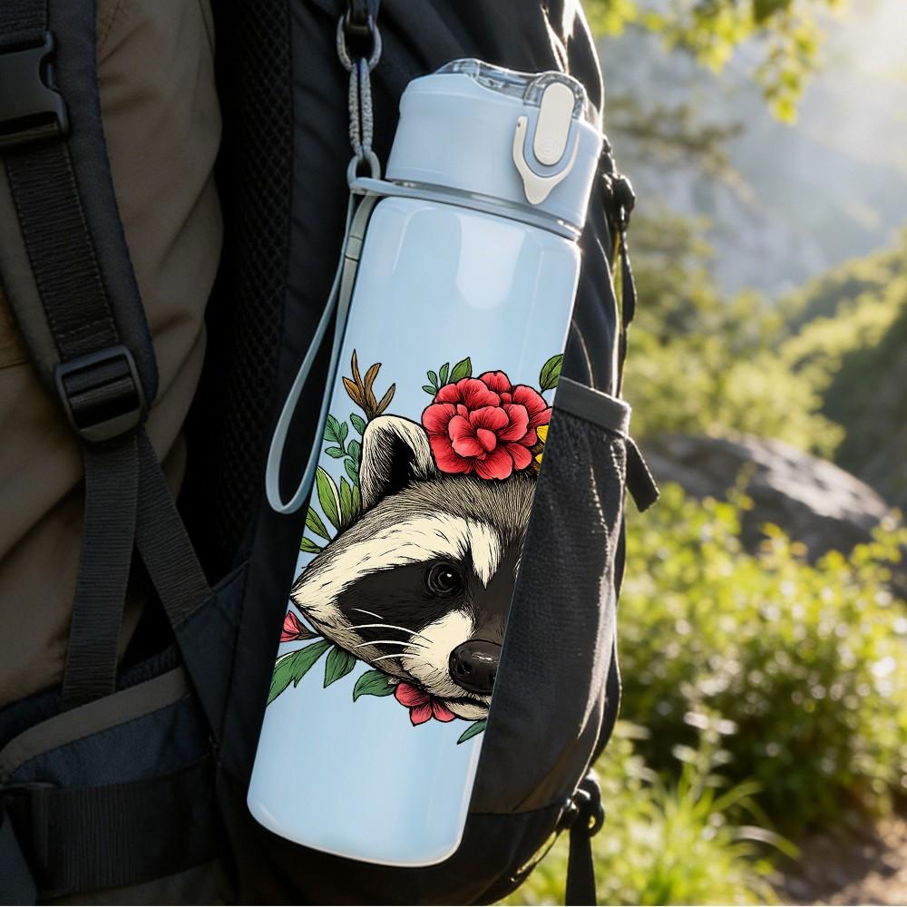 1PC Flower Crown Raccoon 750ml Color Plastic Sports Water Bottle Leakproof Flip Straw Lid Suitable for Sports Office Home Use
