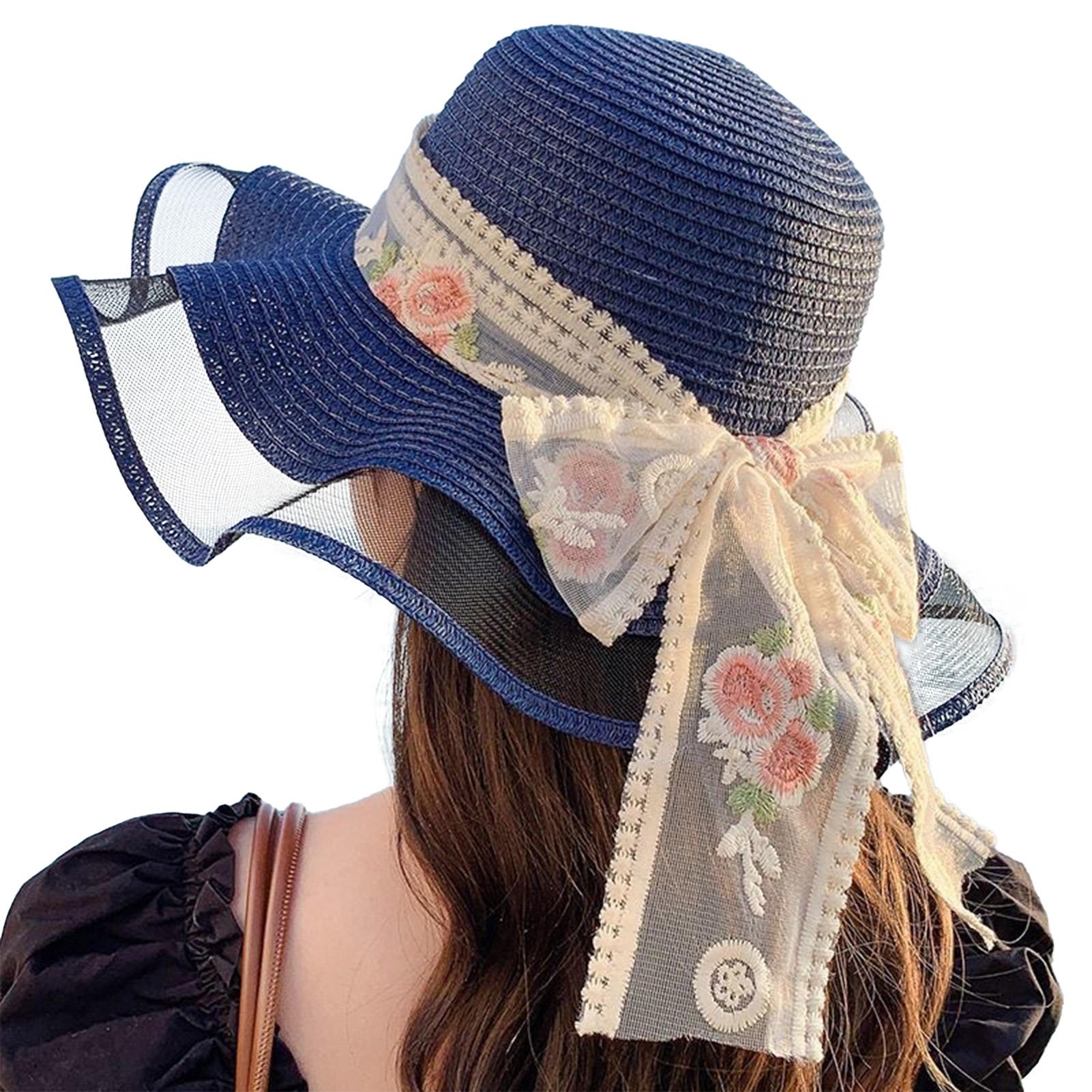

Summer Beach Straw Sun Hat Breathable Sun Hat Travel Wide Brim Summer Straw Hats with Ribbon for Outdoor Sports Hiking Travel темно-синий