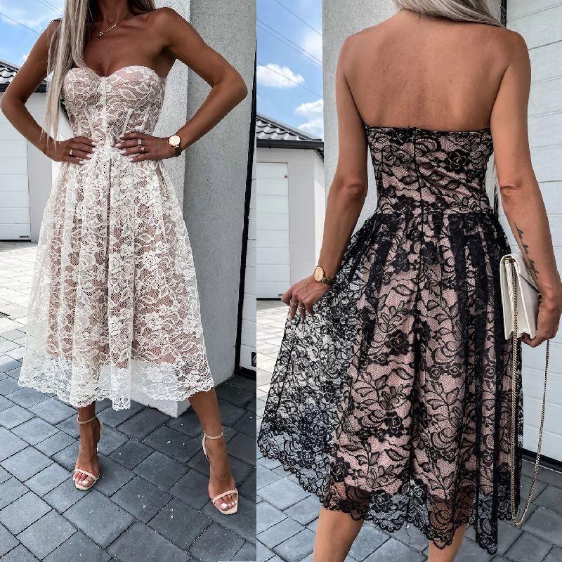 Sexy Off Shoulder Lace Dress Summer Sexy off-the-Shoulder Tube Top Lace Dress Large Swing Dress for Women