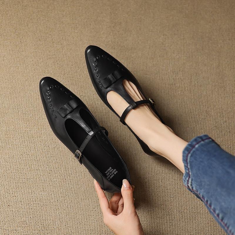 Fashion Women's new British Spring and Autumn leather cowhide metal belt buckle round toe low heeled Mary Jane shoes retro work shoes