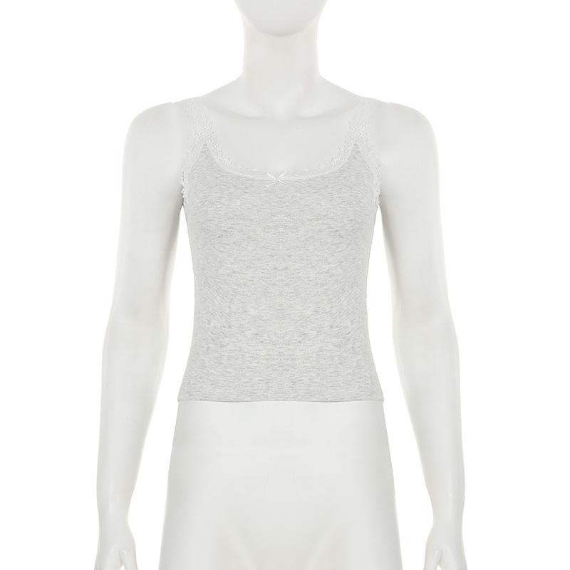 

Облегающие кружевные лоскутные топы-кроп на бретелях Женские летние сексуальные мини-топы с бантом Праздничная пляжная базовая одежда Y2K Новинка L серый