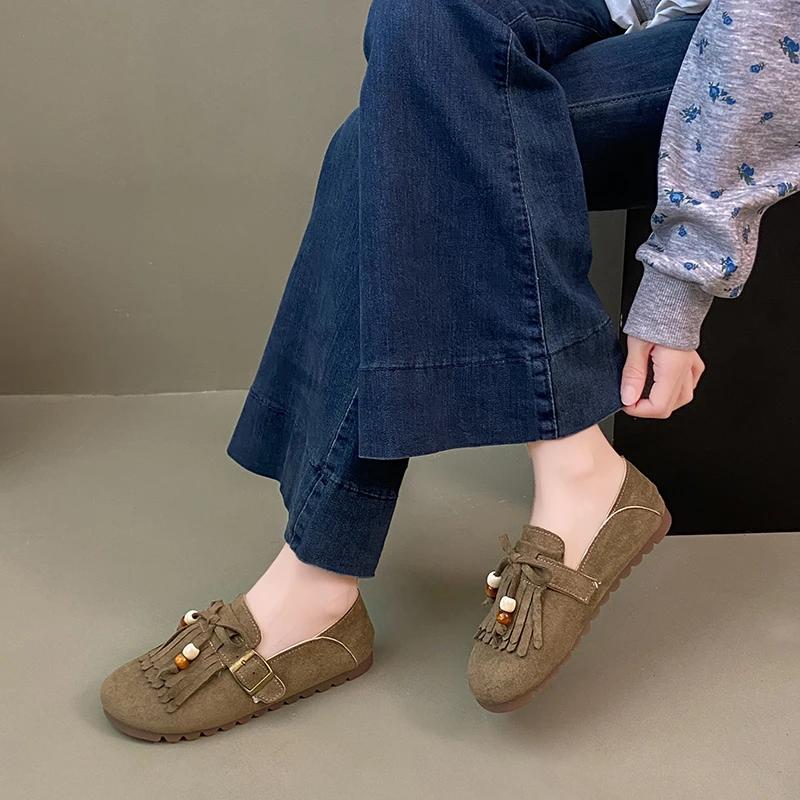 Cow Suede Round Toe Flats Spring/autumn Slip-on Women's Shoes On Sale 2025 New Solid Butterfly-knot Tassel Women's Shoes