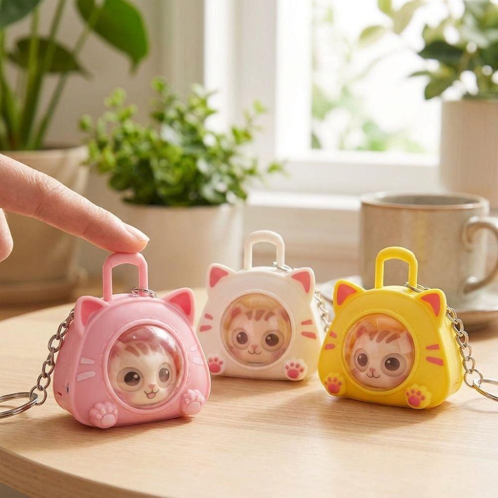 Cartoon Eye Changing Cat Bag Keychain Funny Capsule Cat Key Chain Cat Kitten Toy  Office Desktop