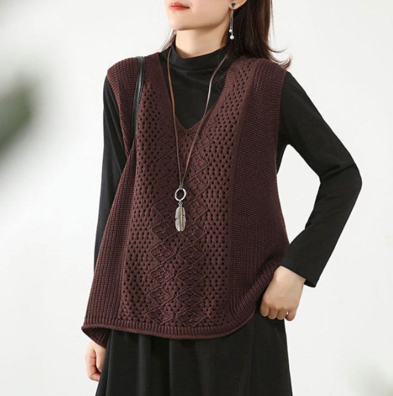 Gilet lavorato a maglia retrò con scollo a V, senza maniche, sottile, ampio, da donna, impilabile, casual, primavera e autunno