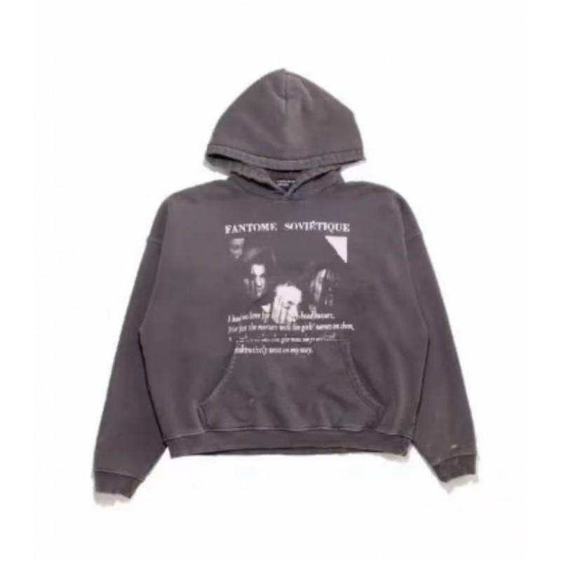 Washed Distressed Hoodie With Vintage Soviet-Era Portrait Print Unisex Streetwear Cotton Pullover Fall