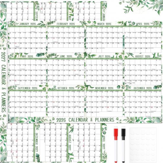 2026 2027 Yearly Wall Calendar Dry Erase Calendar for Wall 32  x 48  Large Erasable Monthly Wall Calendar Wet & Dry Erase Yearly Planner, Jan. 2026 - Green 2026-2027