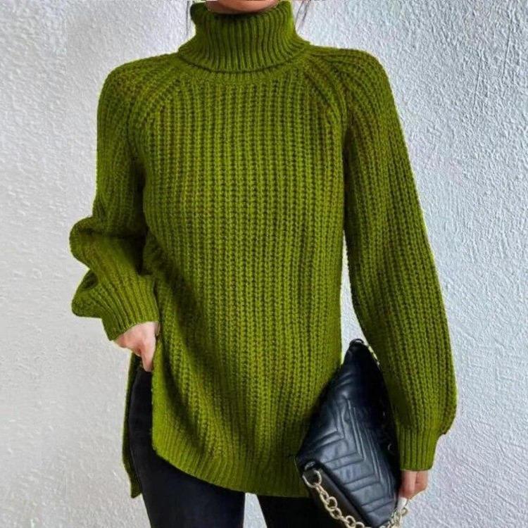 Soft Warm Knitwear Turtleneck Split Sweater Solid Mid Length Pullover Long Sleeve Raglan Casual Fashion Autumn Winter