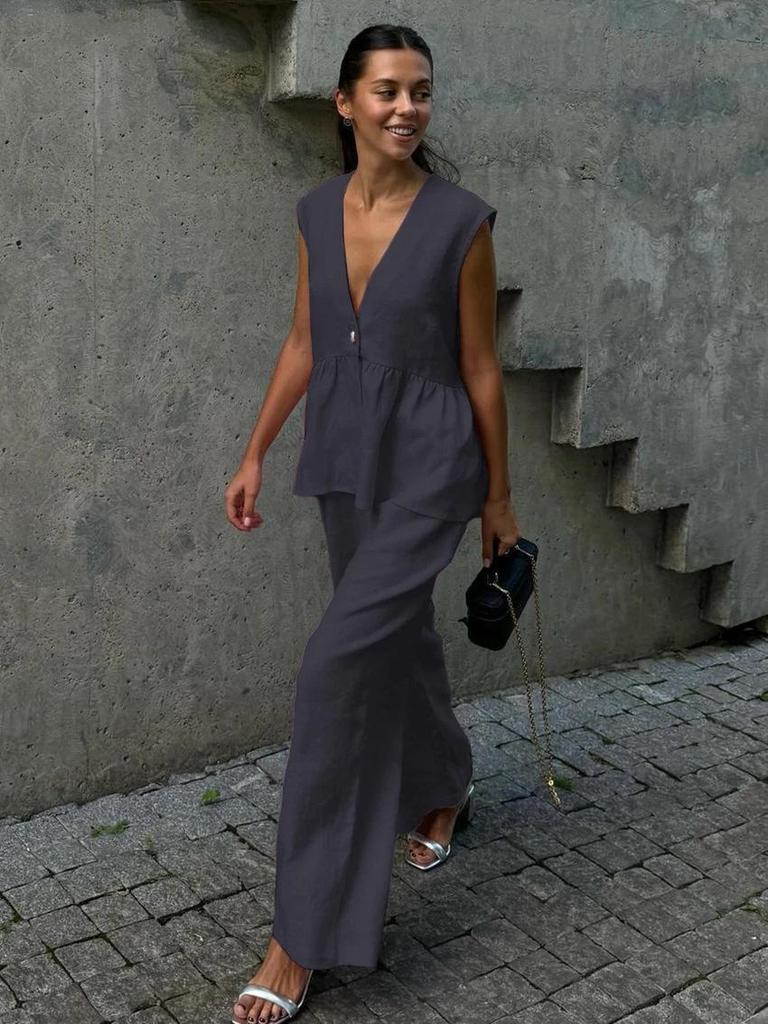 2025 Women's Solid Color Cotton V-neck Sleeveless Top & Long Pants Two-Piece Set – European and American Style