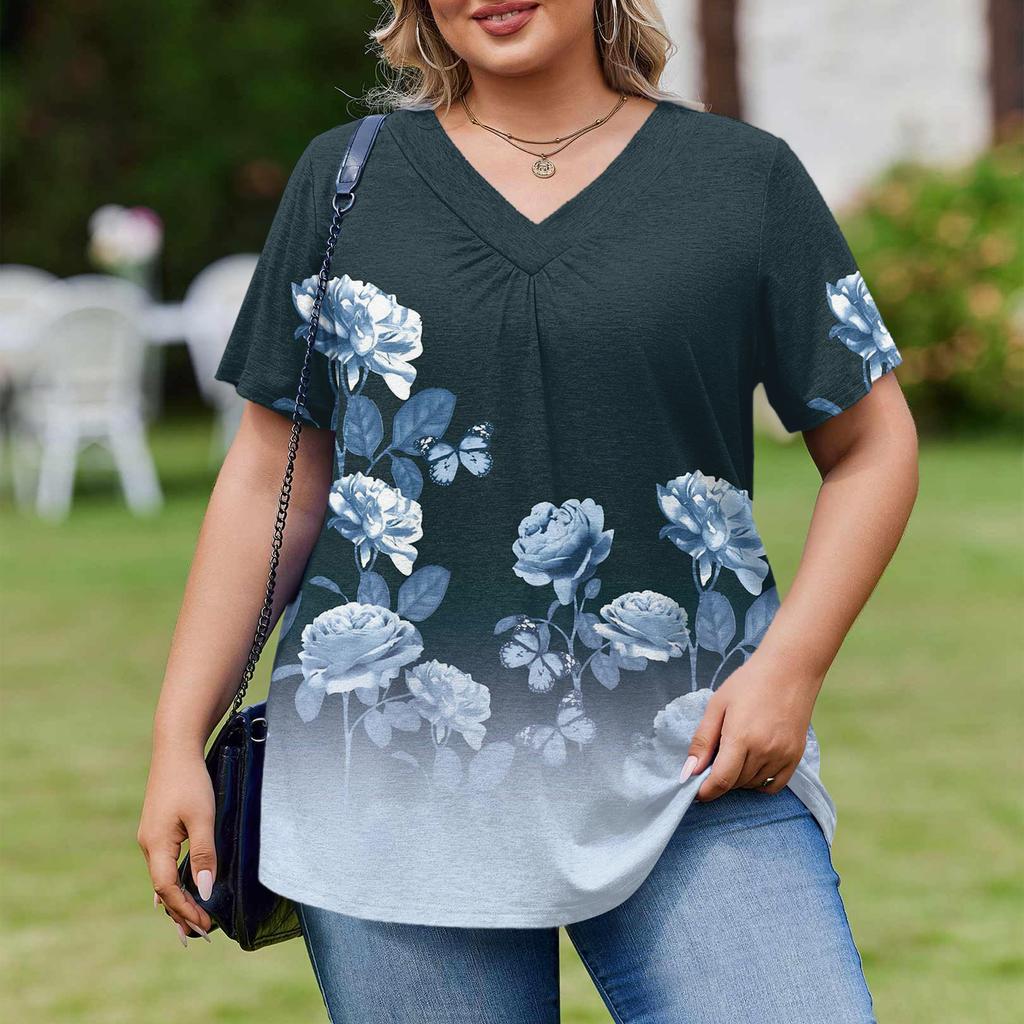 Women's Plus Size Fashionable Casual Loose-Fit Short Sleeve Elegant V Neck Blouse For Work