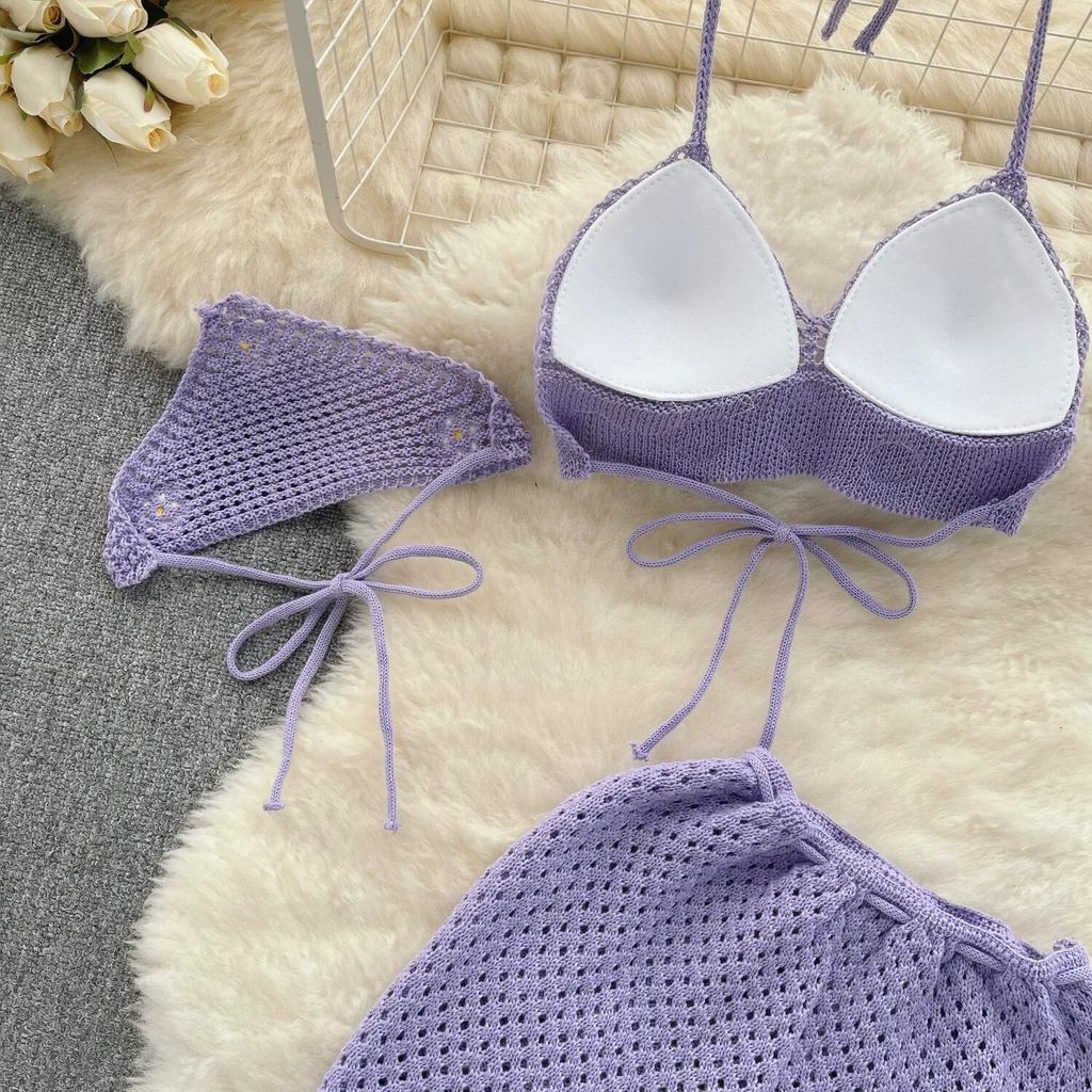 Korean Hollow Out Knitted Suits Women Halter Lace Up Bow Backless Tank Top+Drawstring Split Mini Skirt Two Pieces Sets