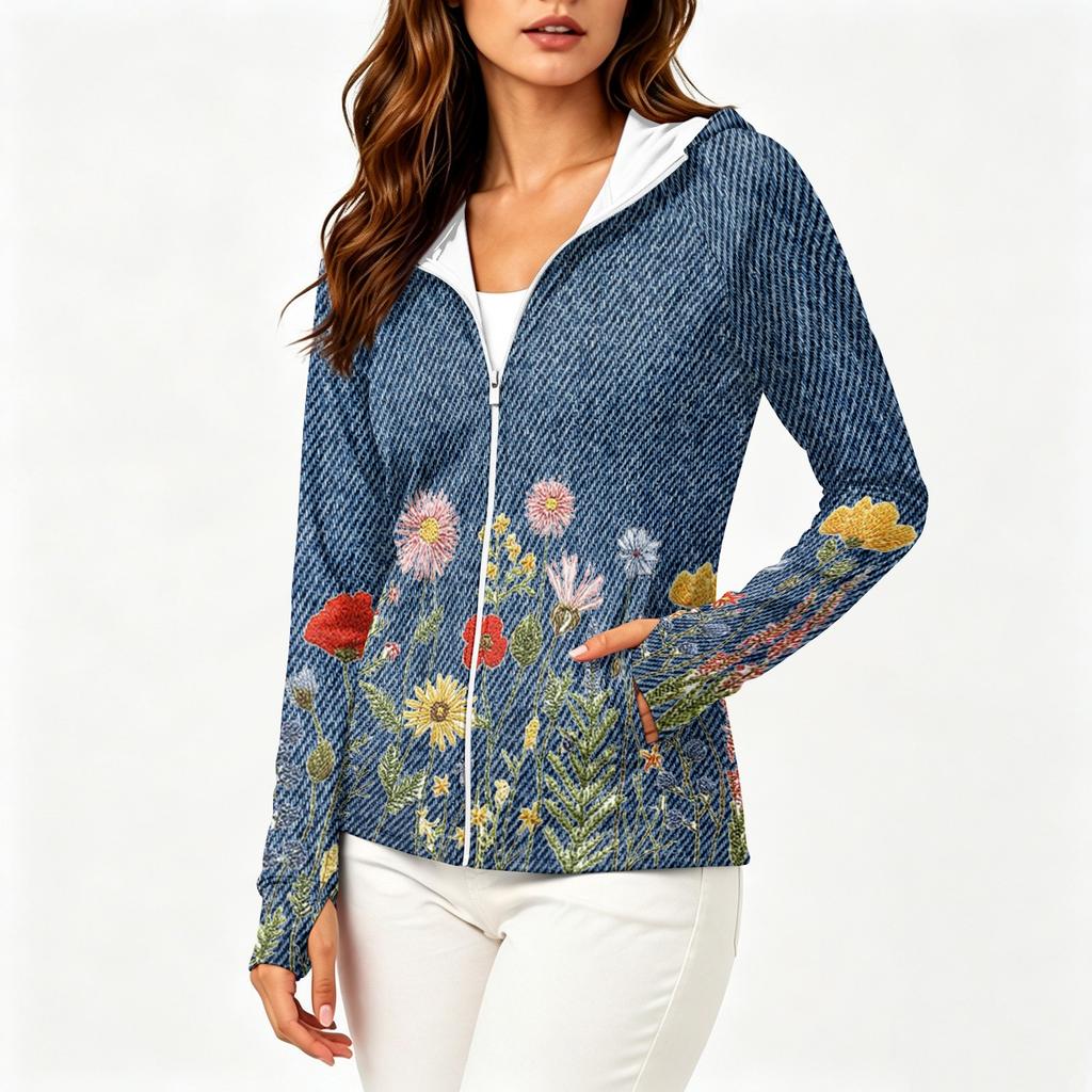 Women's Long Sleeve Zip Up Hoodie Lightweight Sun Protection Jacket with Hood and Pockets Floral Print Outdoor Activewear