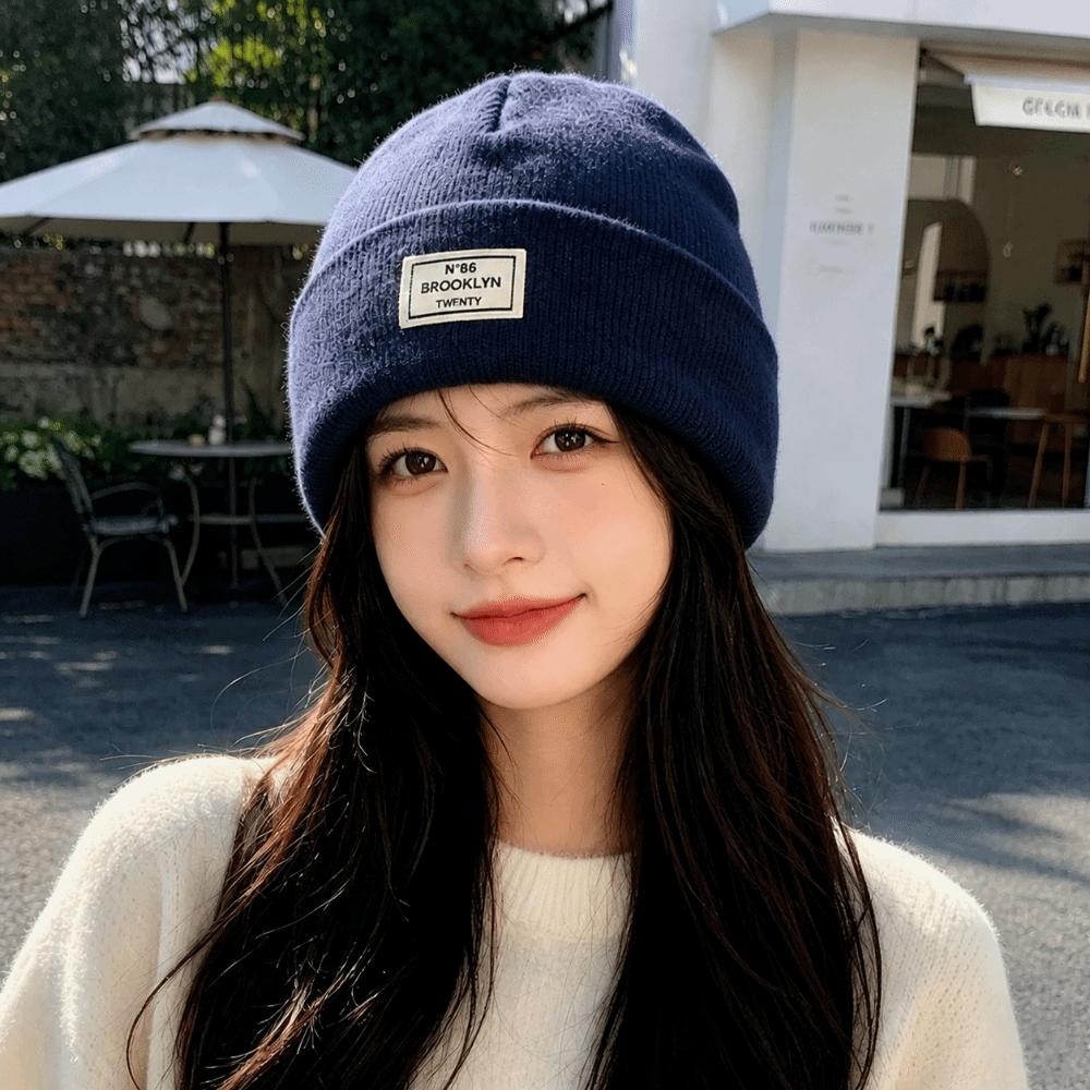 Letter Patch Pullover Cap Solid Color Crochet Hats Fashion Knitted Hat  Men