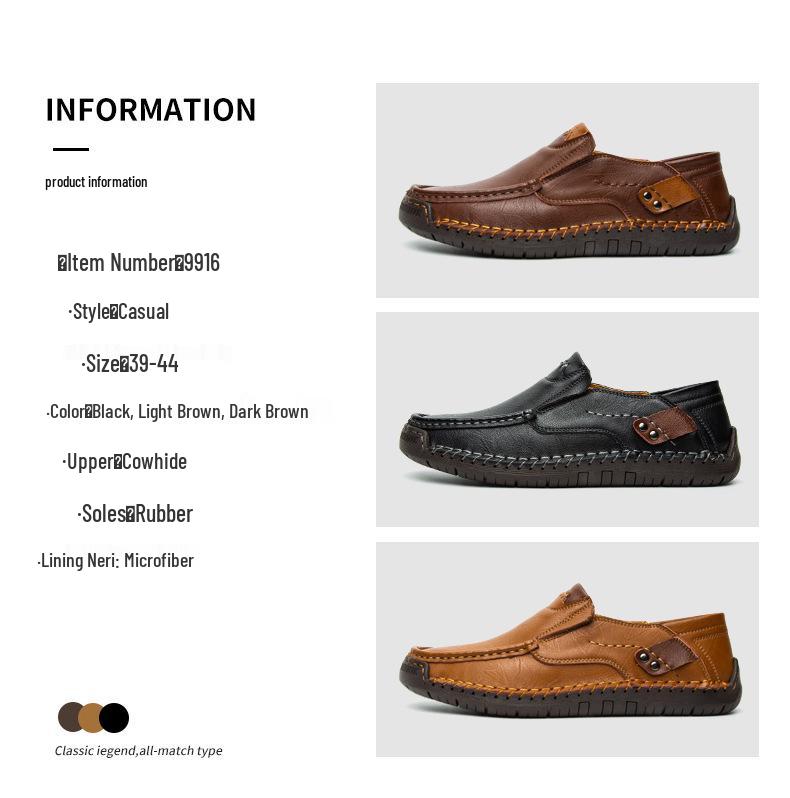 Męskie skórzane mokasyny wsuwane ręcznie szyte - Codzienne płaskie buty outdoorowe, Niskie i Duże Rozmiary.