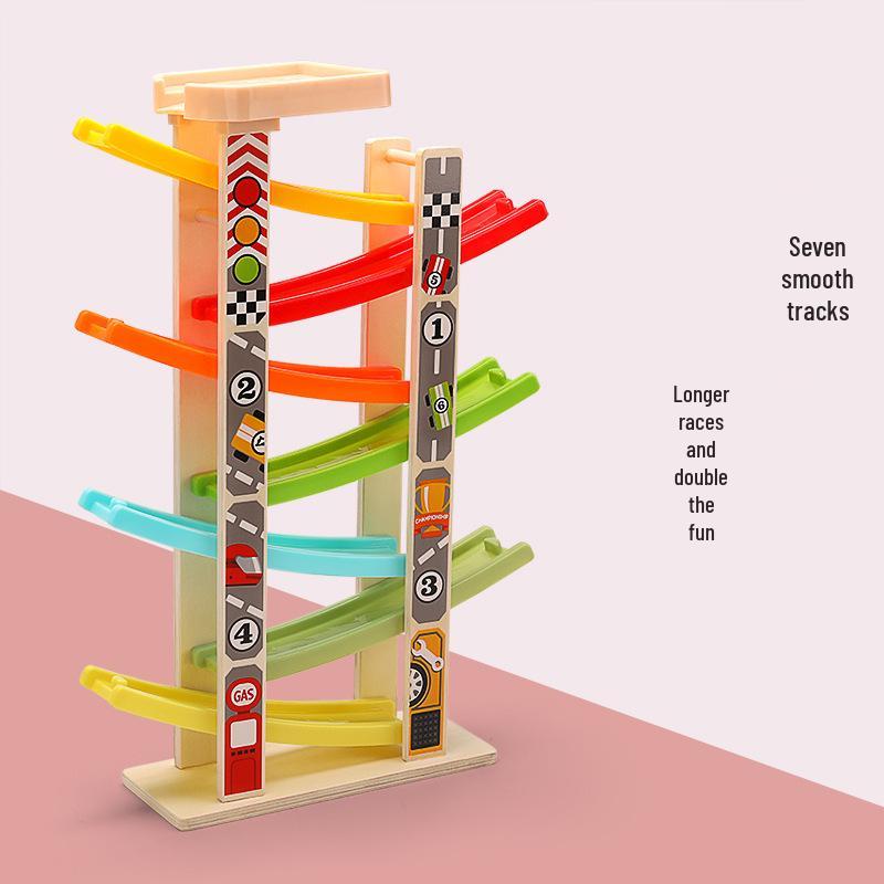 Children's Wooden Multi-Layer Racing Track Toy with Inertial Glider Cars