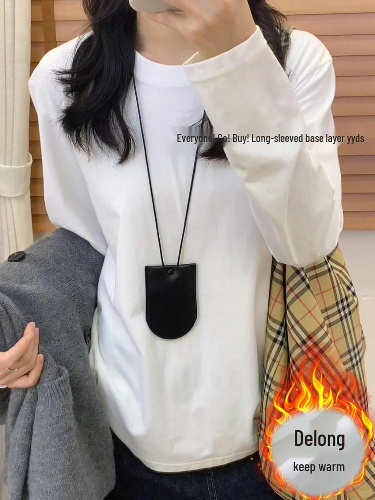 Unisex Solid Color Thickened Round Neck Long Sleeve T-shirt for Autumn/Winter