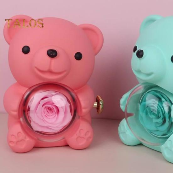 Preserved Rose Hug Bear Gift Box with Handbag Eternal Flower Rotating Bear Jewelry Holder for Women Valentine's Day Anniversary