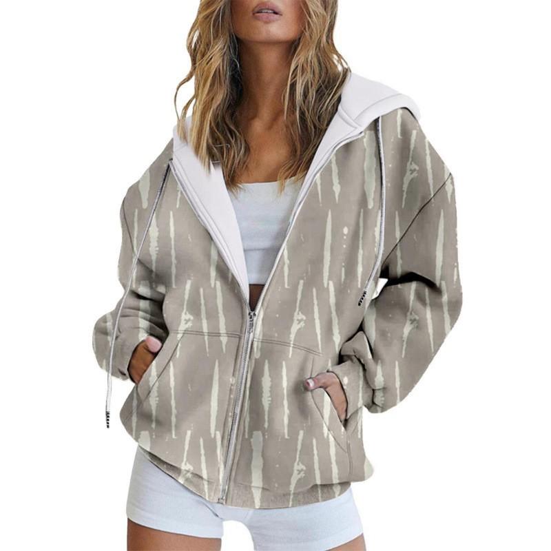 Womens Oversized Hooded Zip-Up Sweatshirt With 3D Digital Print Casual Loose Fit Winter