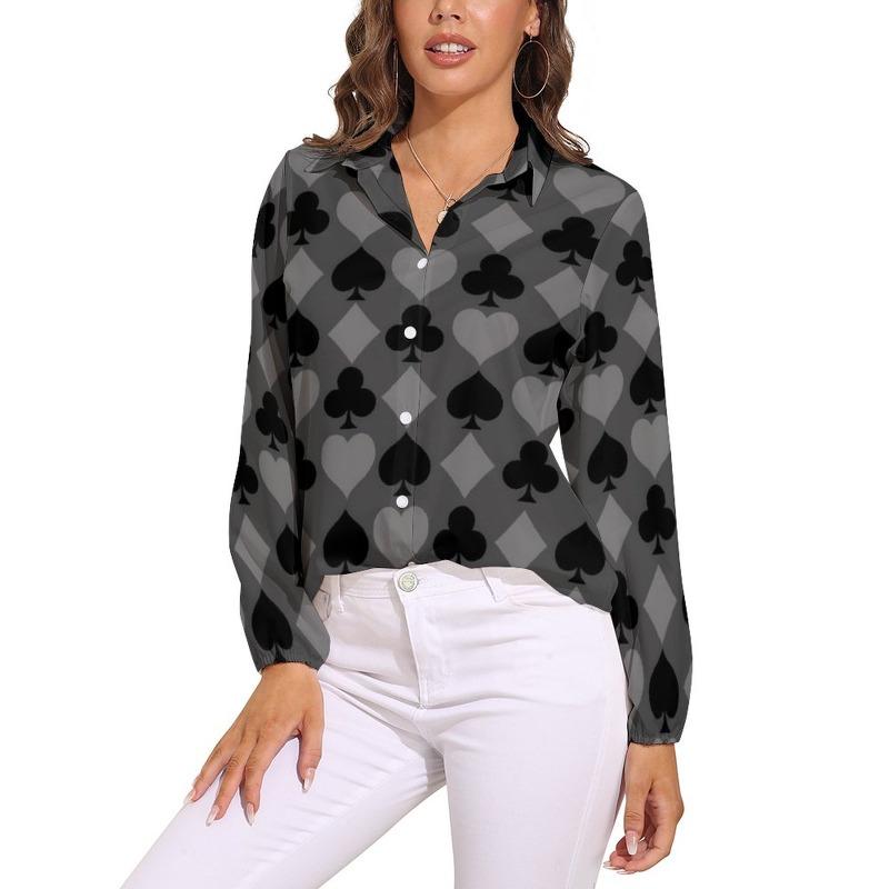 Poker Cards Print Blouse Female Card Suits Casual Loose Blouses Long-Sleeve Modern Shirt Printed Clothing Large