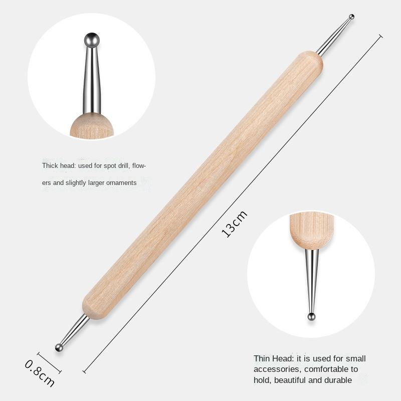 5pc Professional 2 ways Nail Art Dotting Pen Wood Steel DIY Dotting Pens Rhinestones Gem Picker Manicure Tools