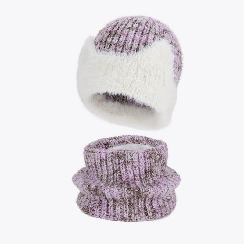 

Зимний теплый набор шапка-шарф, вязаная шапка-пуловер, женская уличная защита от холода и ушей, шерстяная шапка фиолетовый