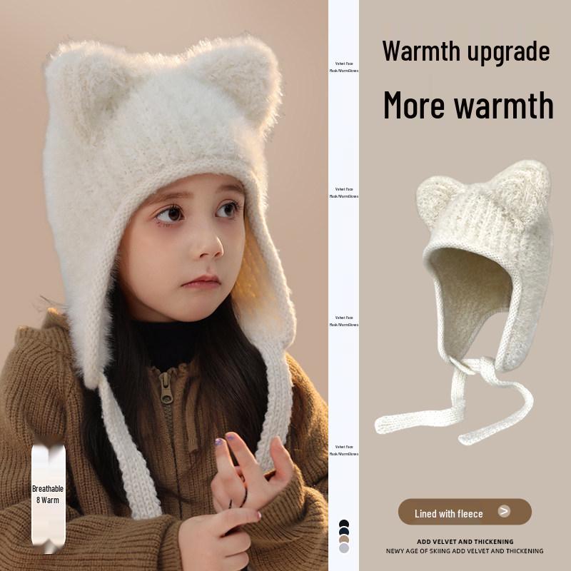 Children's Fleece-Lined Windproof Knit Hat with Ear Protection - Winter Pullover for Boys and Girls