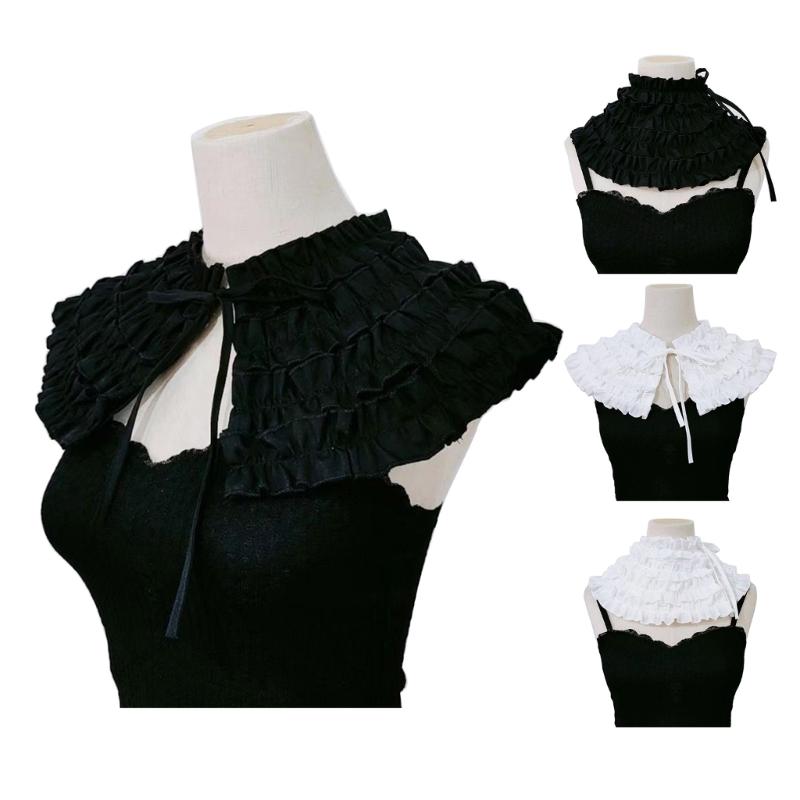 Women Renaissance Detachable False Collar Shawl Scarf French Style Elegant Tiered Ruffle Capelet Ribbon Tie Up Boleros