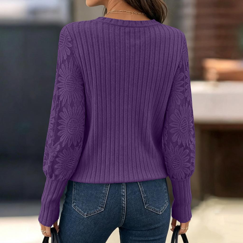 Women's Long Sleeve Knit Layering Top with Lace Trim, Color Casual Blouse