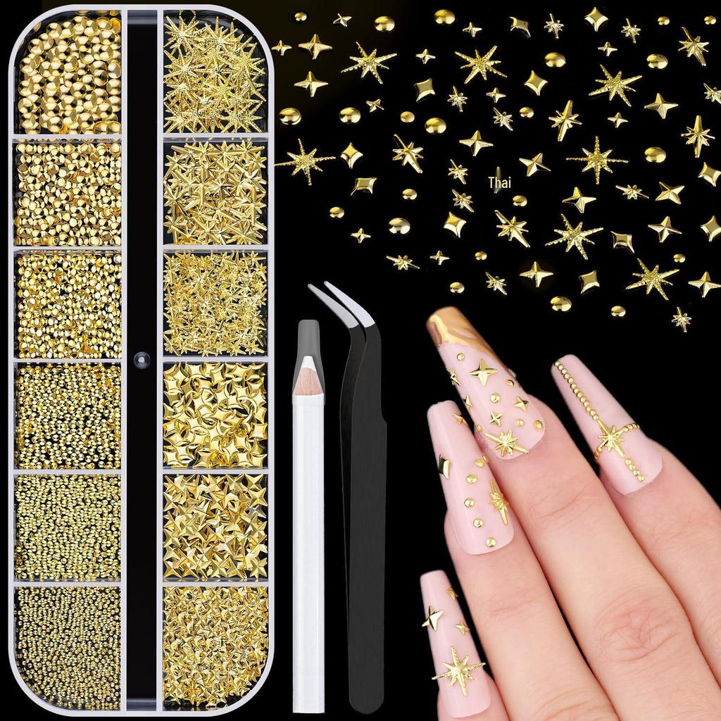 Japanese Style Starry Sky Metal Nail Art Rivets In Gold & Silver - DIY Non-Fading Nail Accessories with Rhinestone Inlays
